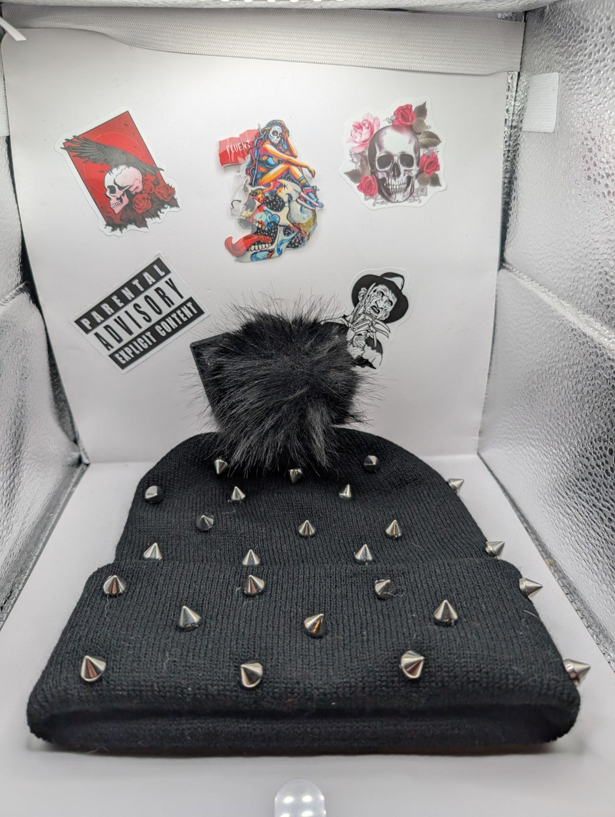 emo goth style spiked Beanie with pom pom-0