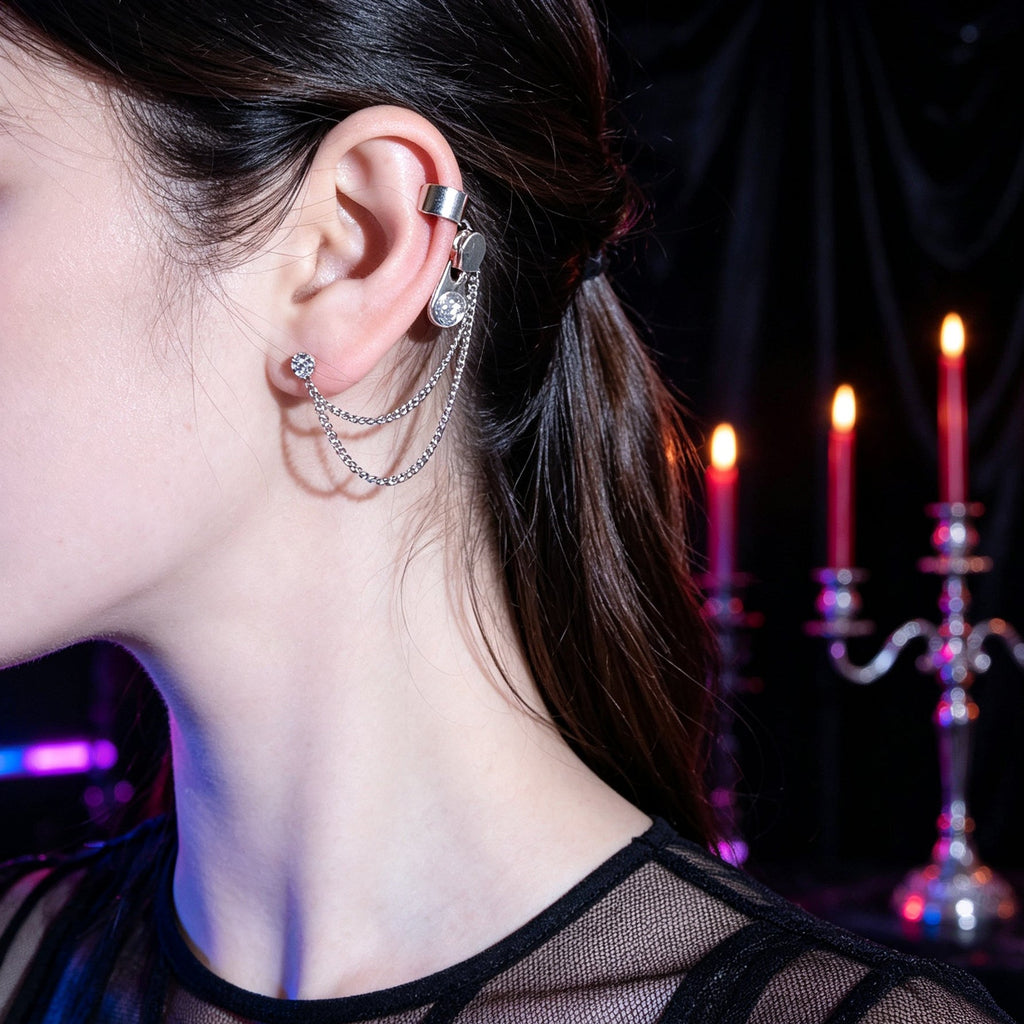 1 pc Y2K Silver Zipper Tassel Chain Ear Cuff Climber Earring Personality Daily Street Party Accessories