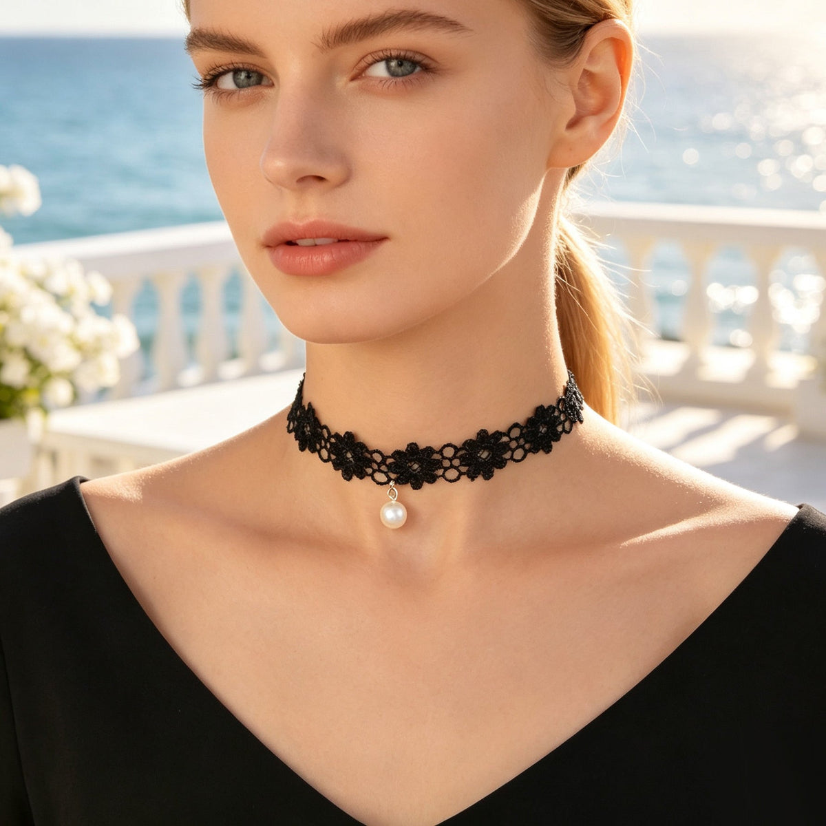 Elegant Black Flower Lace Choker Necklace Imitation Pearl Party Vacation Jewelry