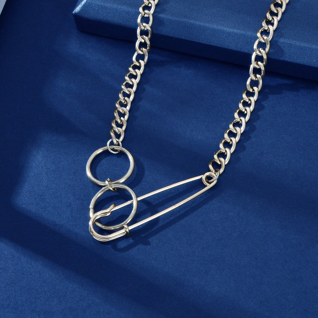 Gothic Street Silver Safety Pin Y-Shaped Punk Cuban Chain Ring Pendant Necklace