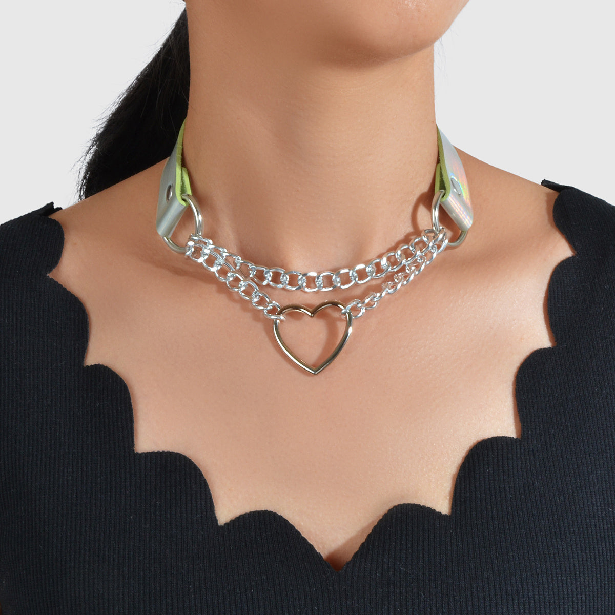 Double Layer Chunky Silver Chain Heart Charm Sexy Leather Choker Grunge Collar