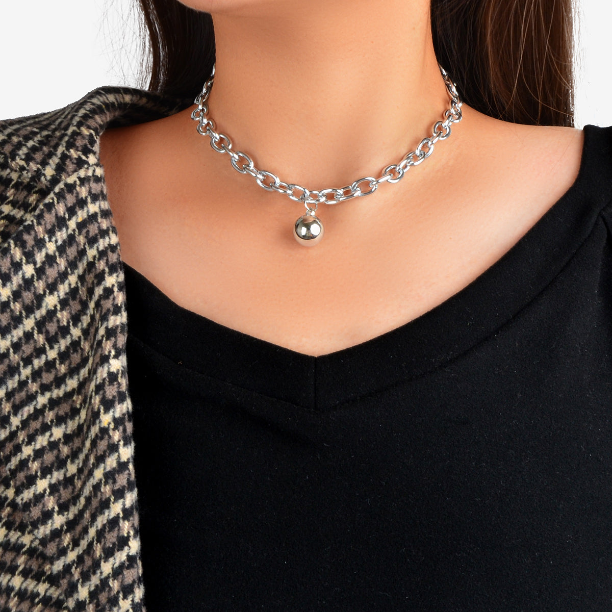 Silver Colour Chunky Chain Round Charm Necklace Grunge Women Clavicle Jewellery