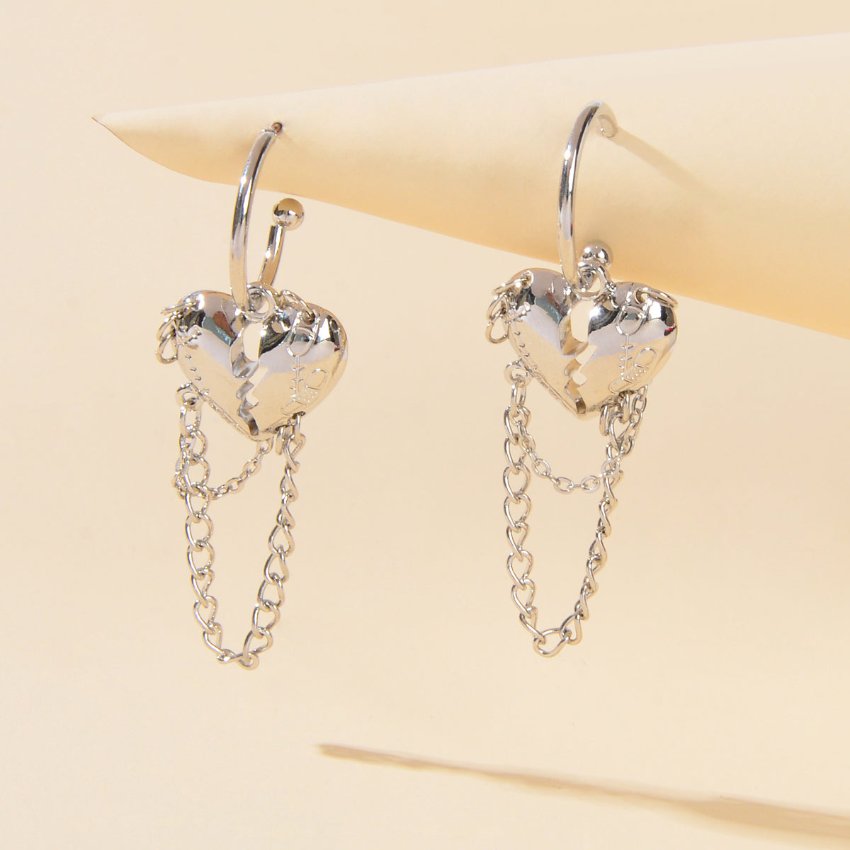Punk Statement Silver Layered Chain Heart Charm Designer Jewellery Hoop Earrings