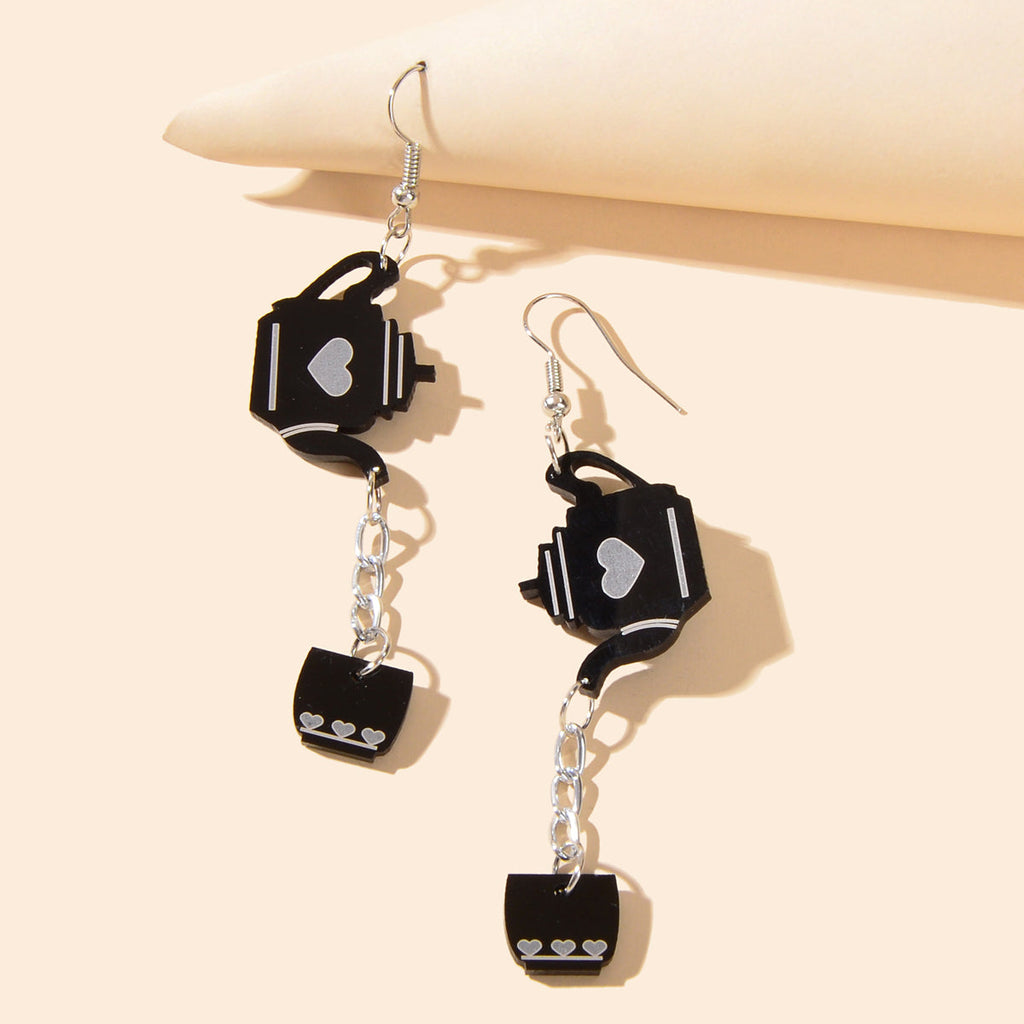 Heart Pattern Black Resin Teapot Cup Dangle Punk Hip Hop Earrings Teens Jewelry
