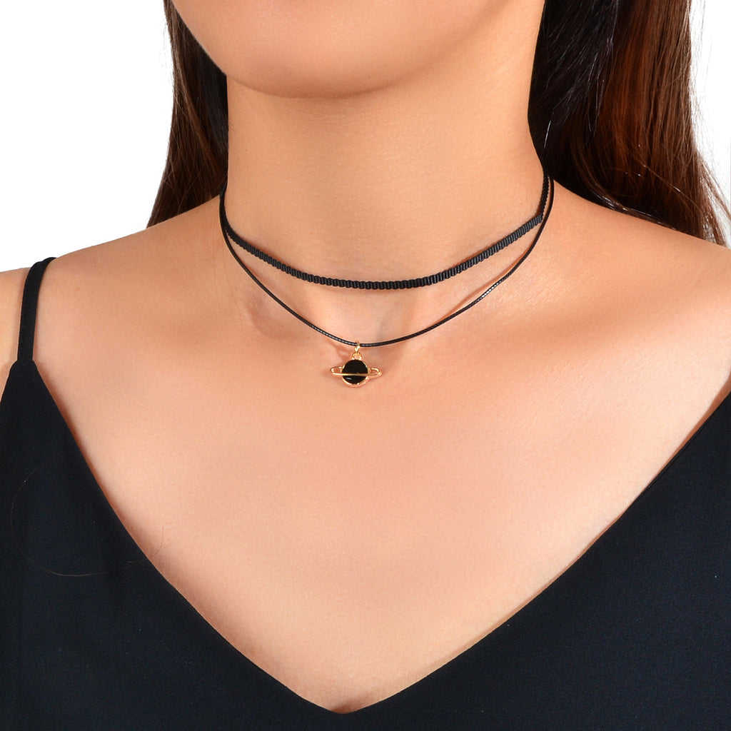90s Gothic Planet Charm Black Rope Layered Necklace Tattoo Choker Grunge Collar