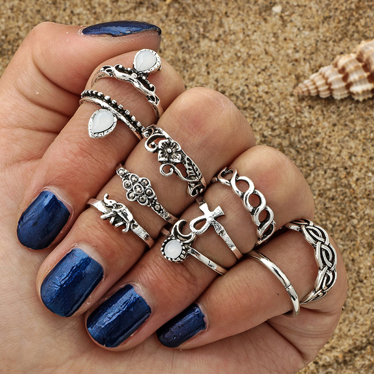 Stackable 10 pcs Tribal Ethnic Flower Elephant Vintage Multiple Finger Ring set