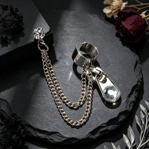 1 pc Y2K Silver Zipper Tassel Chain Ear Cuff Climber Earring Personality Daily Street Party Accessories