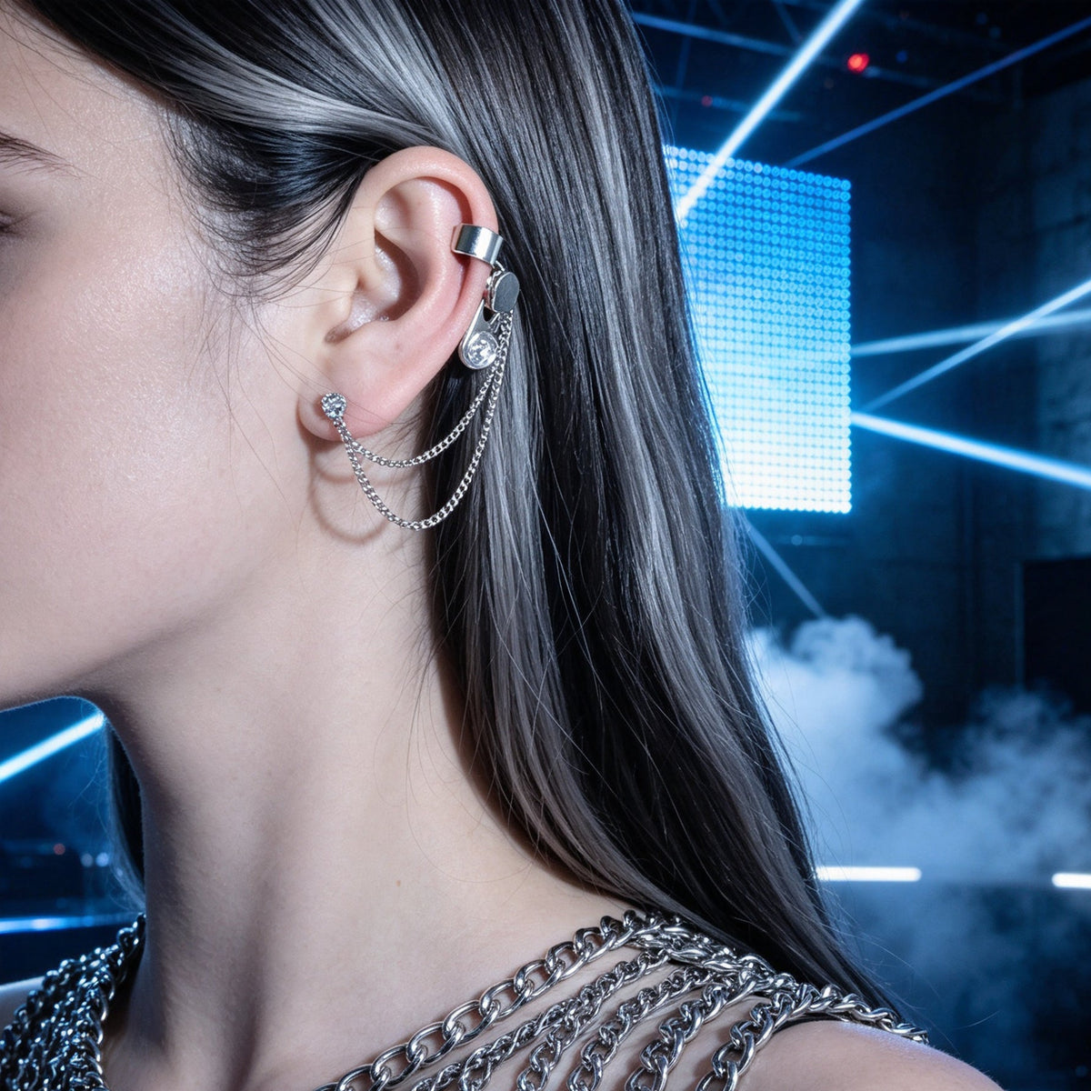 1 pc Y2K Silver Zipper Tassel Chain Ear Cuff Climber Earring Personality Daily Street Party Accessories
