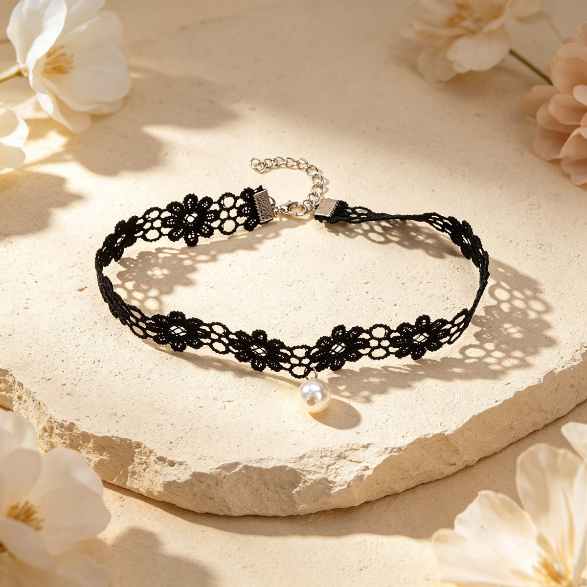 Elegant Black Flower Lace Choker Necklace Imitation Pearl Party Vacation Jewelry