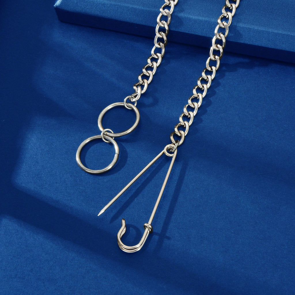 Gothic Street Silver Safety Pin Y-Shaped Punk Cuban Chain Ring Pendant Necklace