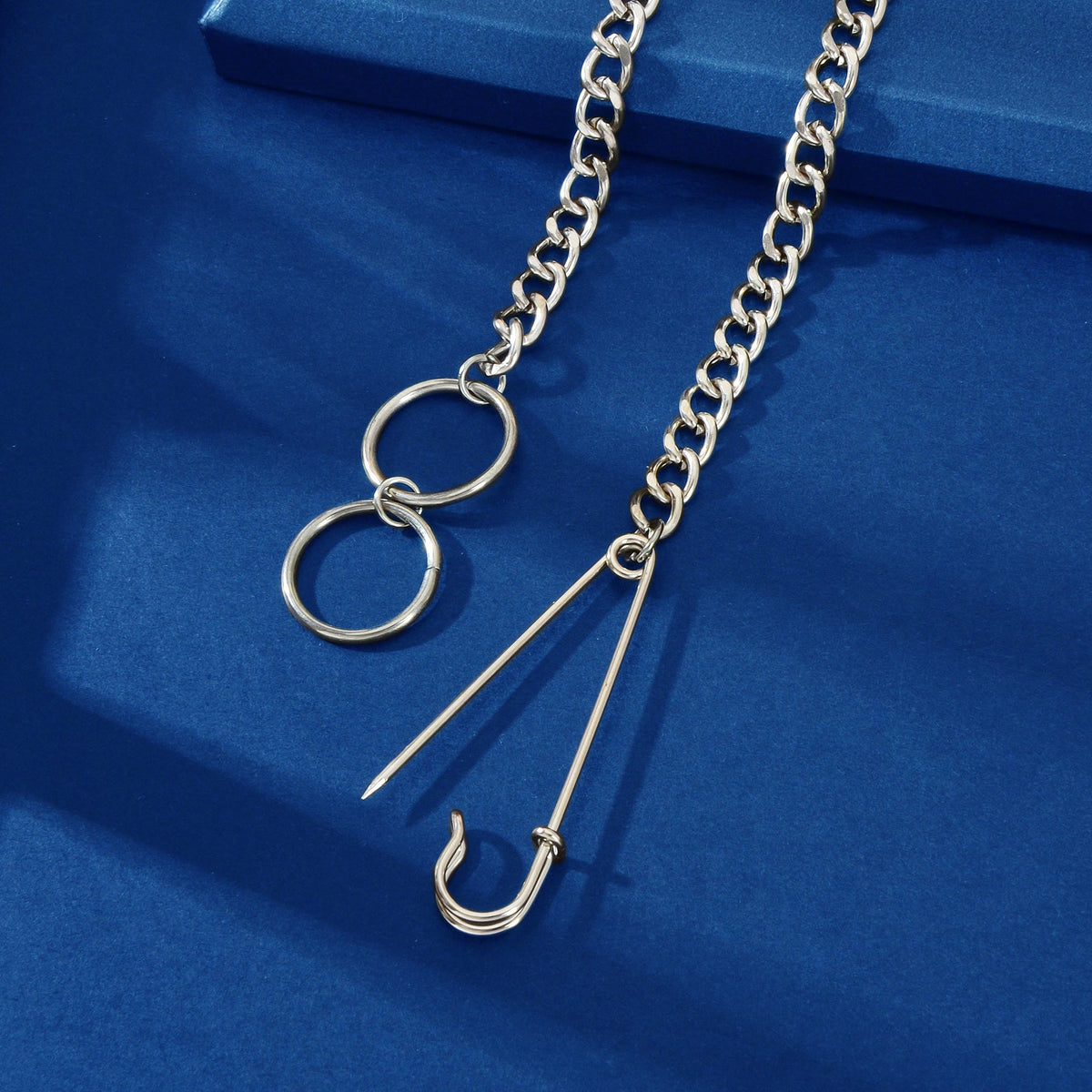 Gothic Street Silver Safety Pin Y-Shaped Punk Cuban Chain Ring Pendant Necklace