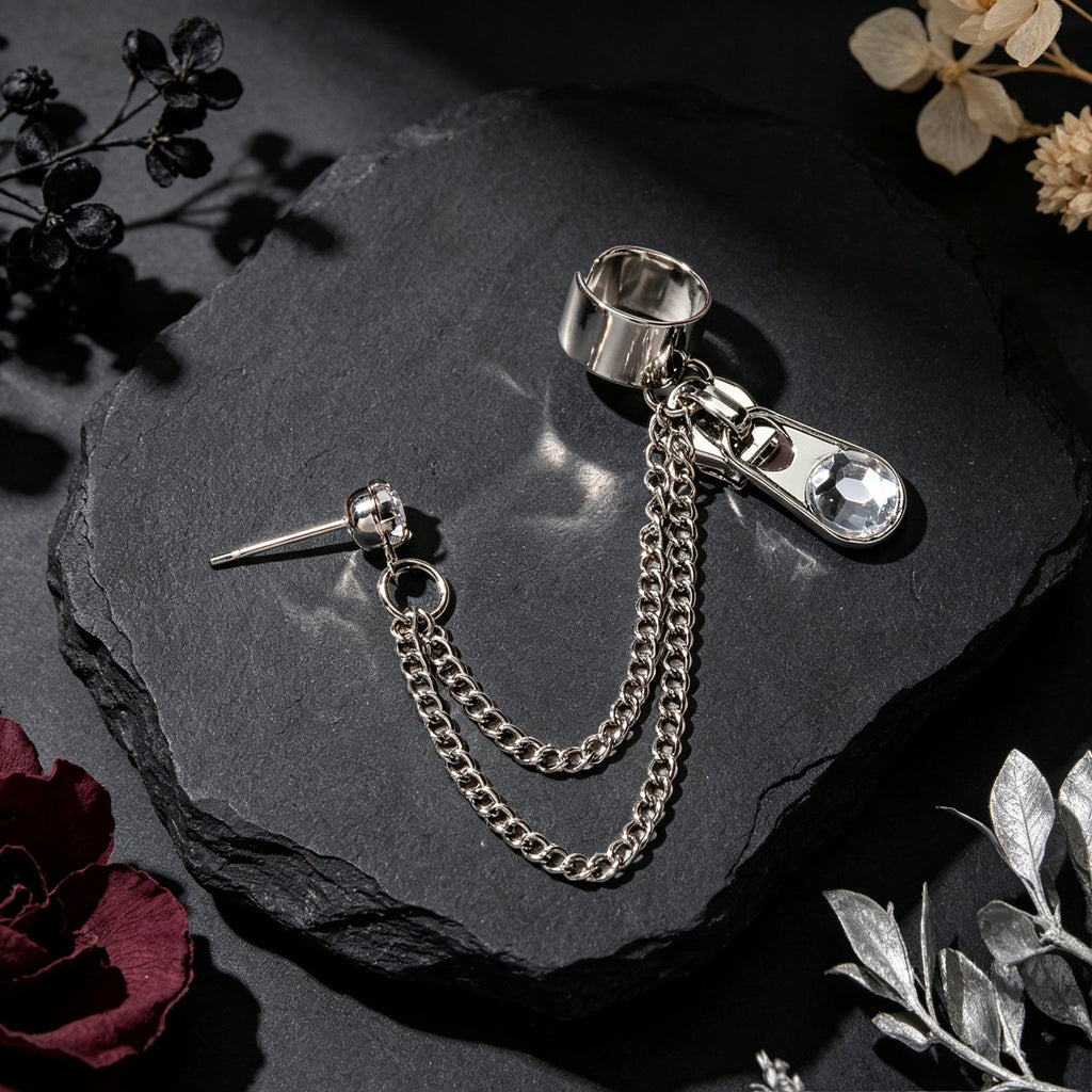 1 pc Y2K Silver Zipper Tassel Chain Ear Cuff Climber Earring Personality Daily Street Party Accessories