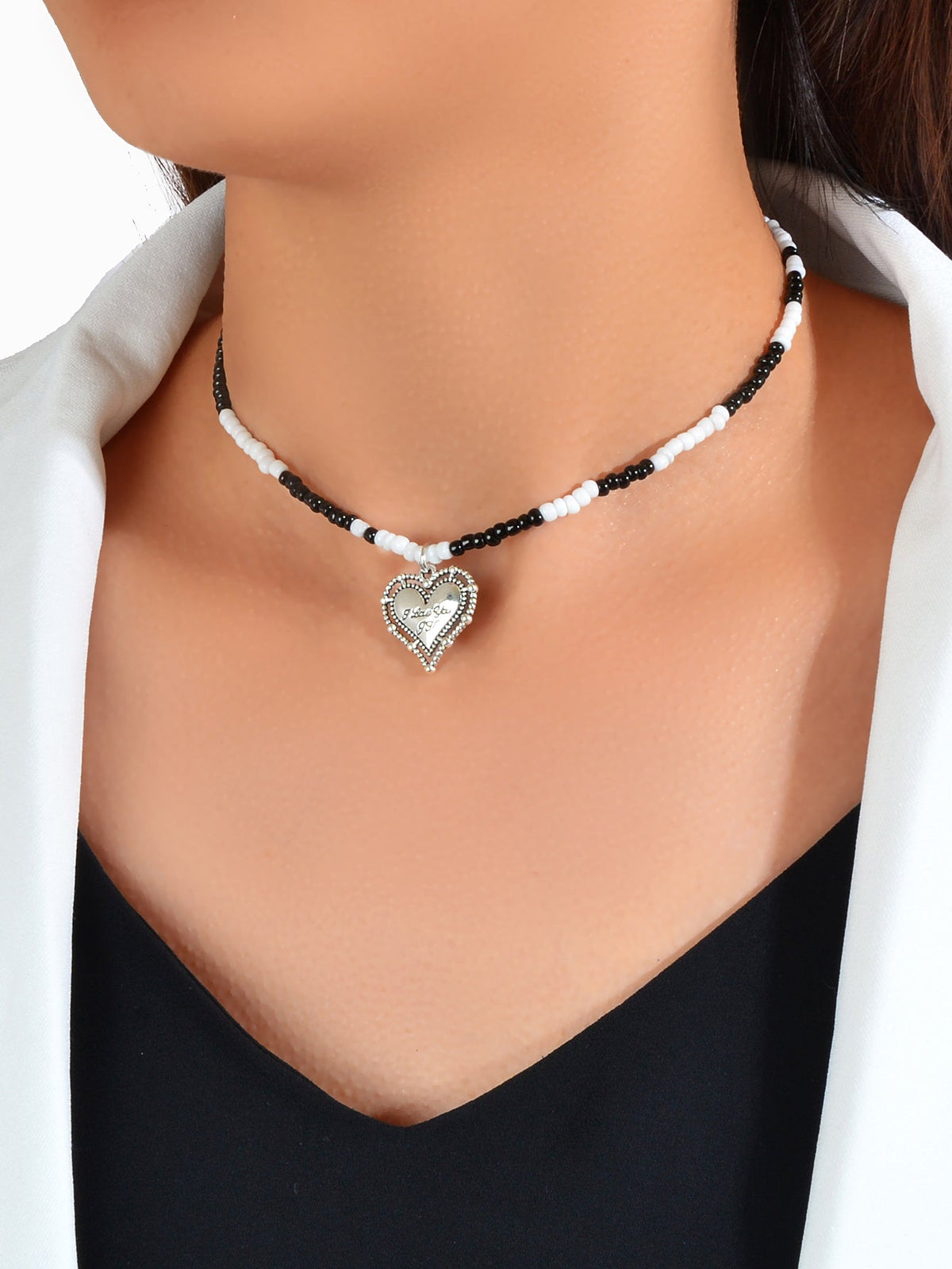 Handmade White Black Beads Chain Silver Letter Pattern Heart Charm Necklace Gift