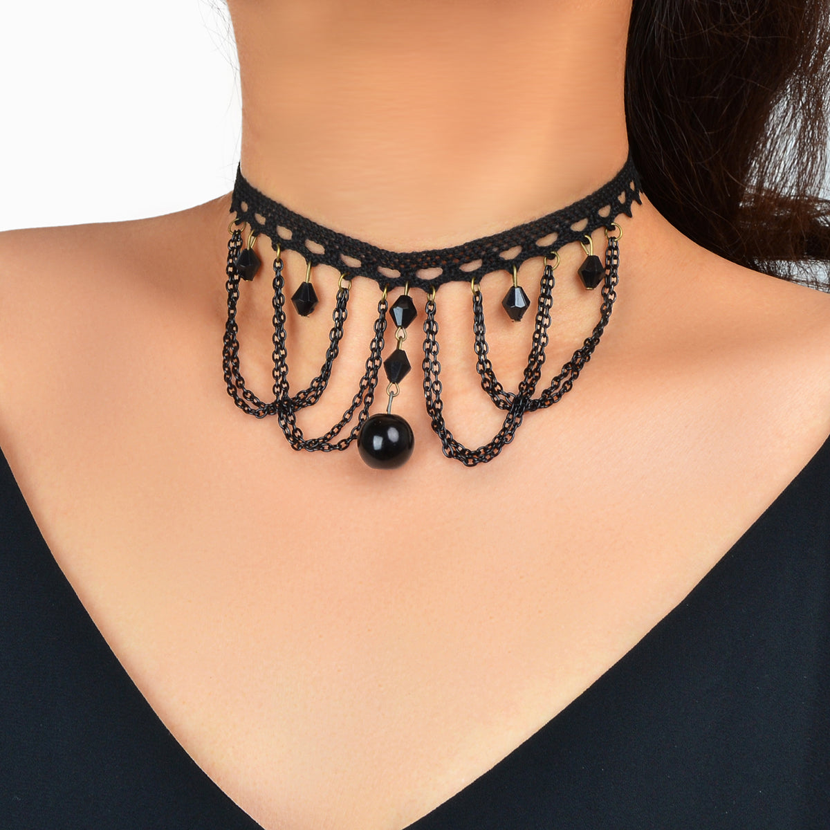 Halloween Retro Necklace Black Bead Charm Lace Neck Tassel Chain Collar Choker