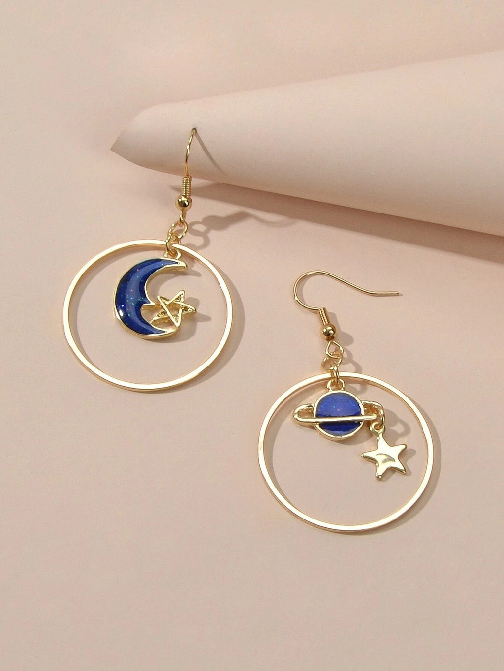 Star Moon Planet Globe Circle Asymmetric Dangle Women Teens Round Hoop Earrings