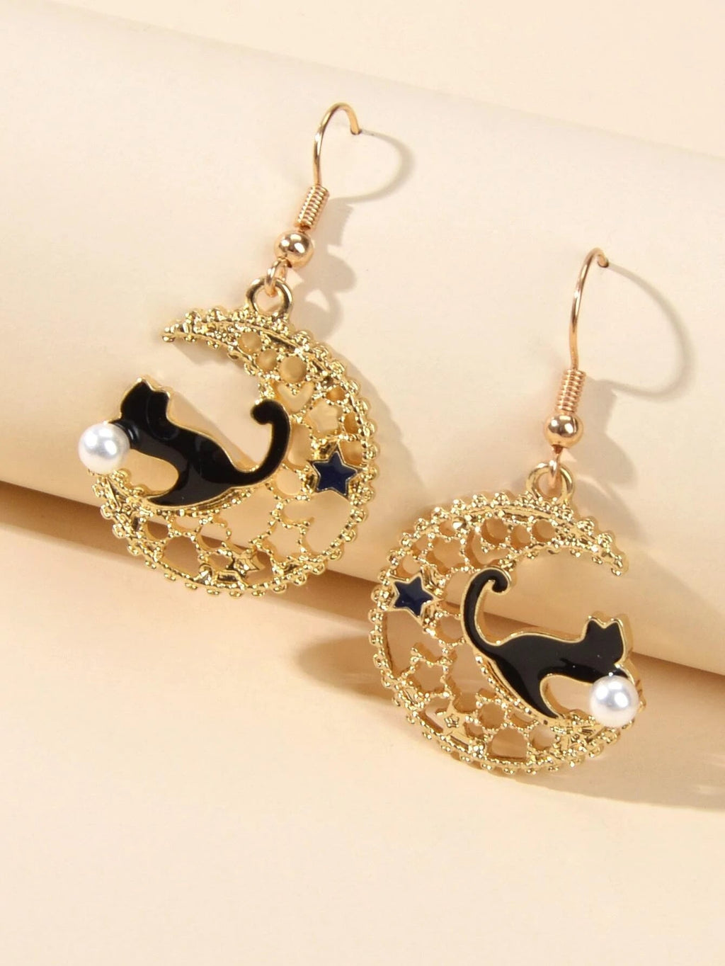 AU Stock Hollow out Lovely Black Enamel Cat Star Moon Drop Dangle Gold Earrings
