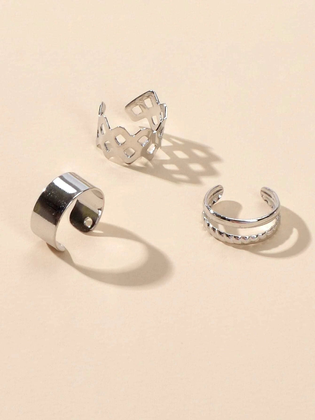3 pcs Rock Style Silver Geometric Ear Cuff Earrings set Teens Clip on Jewellery