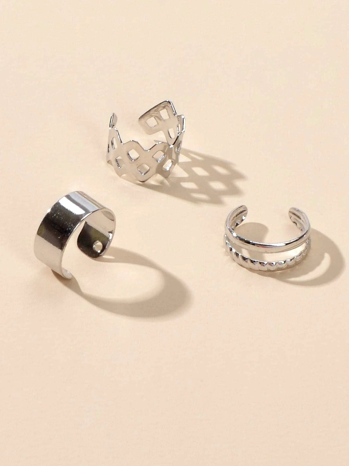 3 pcs Rock Style Silver Geometric Ear Cuff Earrings set Teens Clip on Jewellery