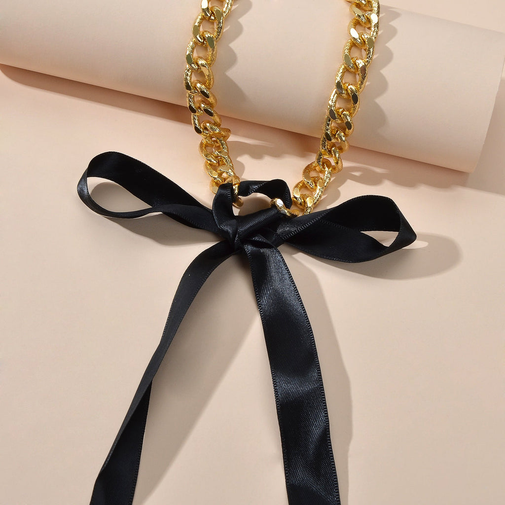 Punk Retro Chain Black White Long Ribbon Bowknot Collar Choker Women Necklace
