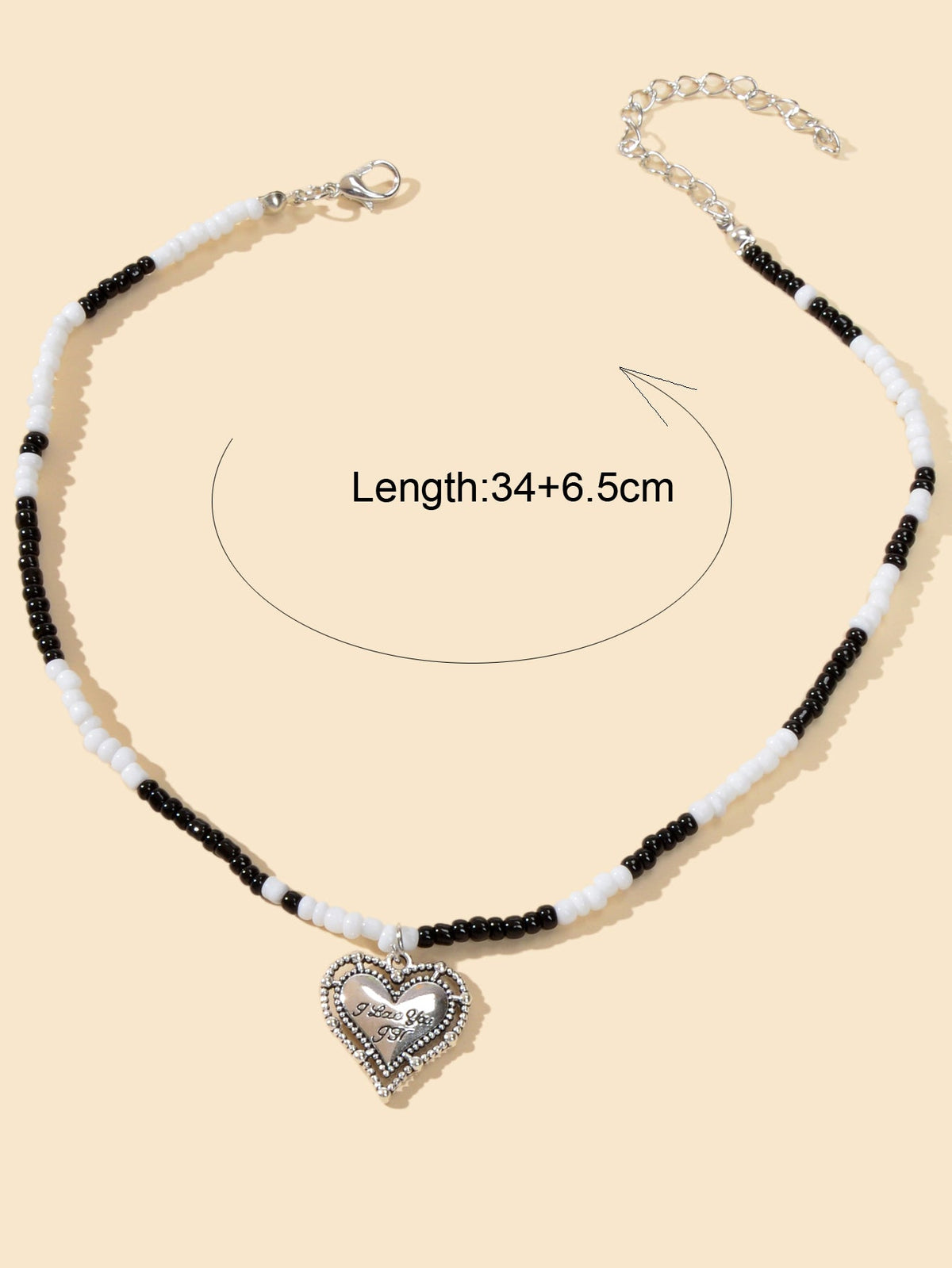 Handmade White Black Beads Chain Silver Letter Pattern Heart Charm Necklace Gift