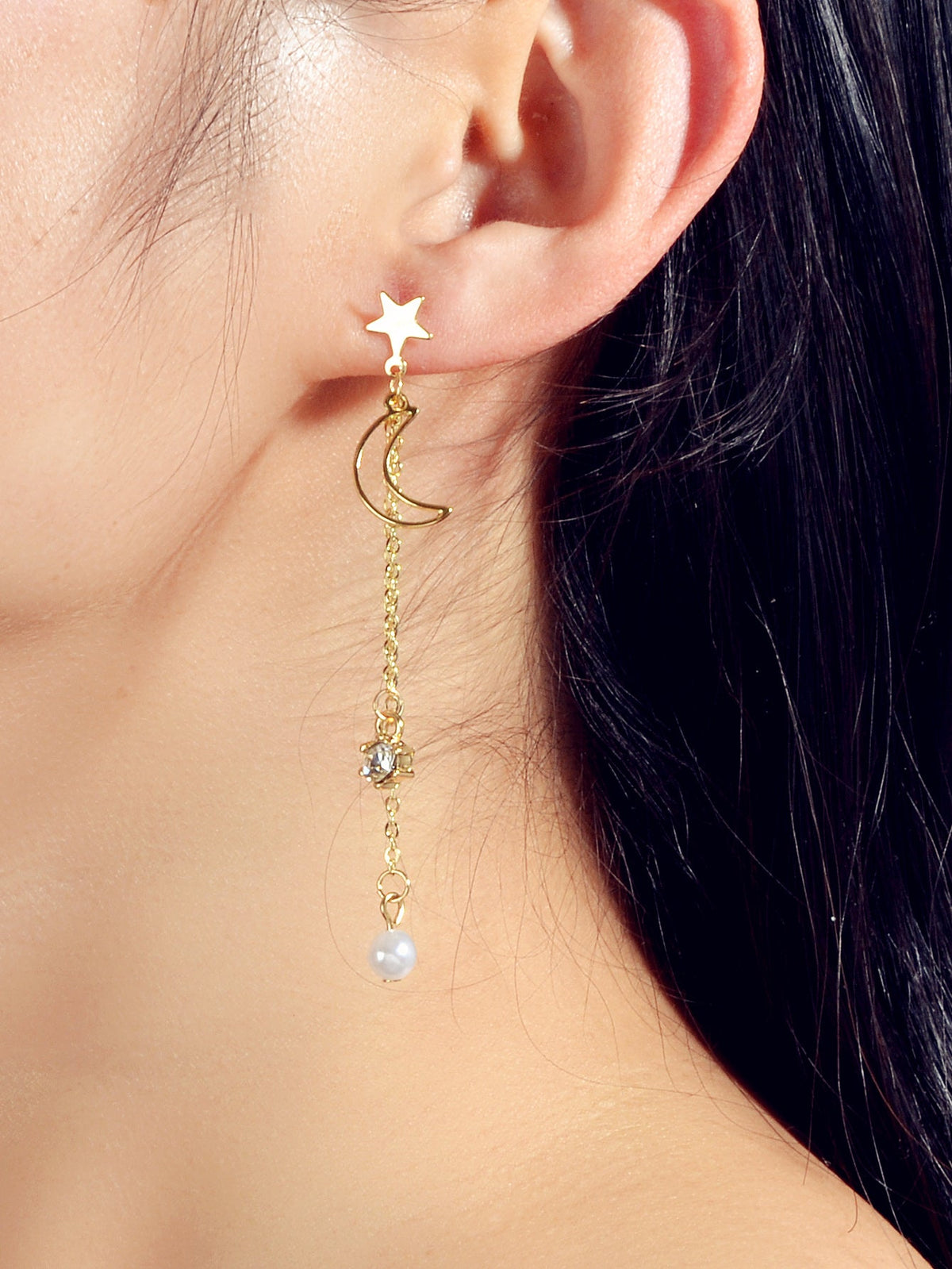 Asymmetric Pearl Rhinestone Decor Long Chain Star Moon Planet Dangle Earrings