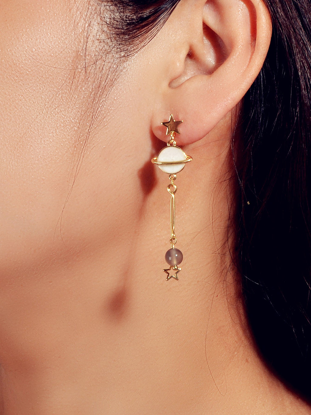 Stunning Gold Chain White Moon Planet Star Charm Stud Drop Asymmetric Earrings