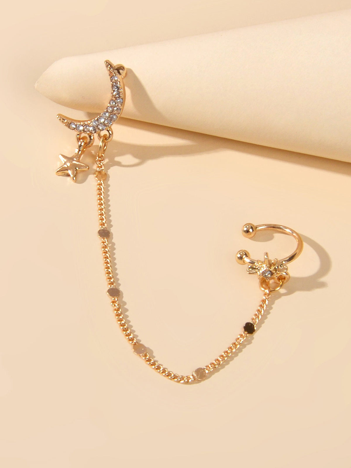 Star Moon Chain Stud Ear Cuff Wrap Clip On Crawler Climber Cartilage Earrings