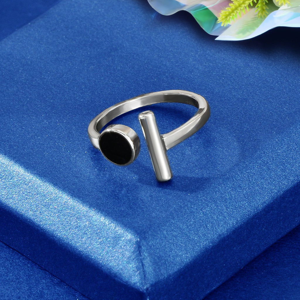 Textured Jewellery Black Enamel Round Bar Silver Open Cuff Finger Women Ring