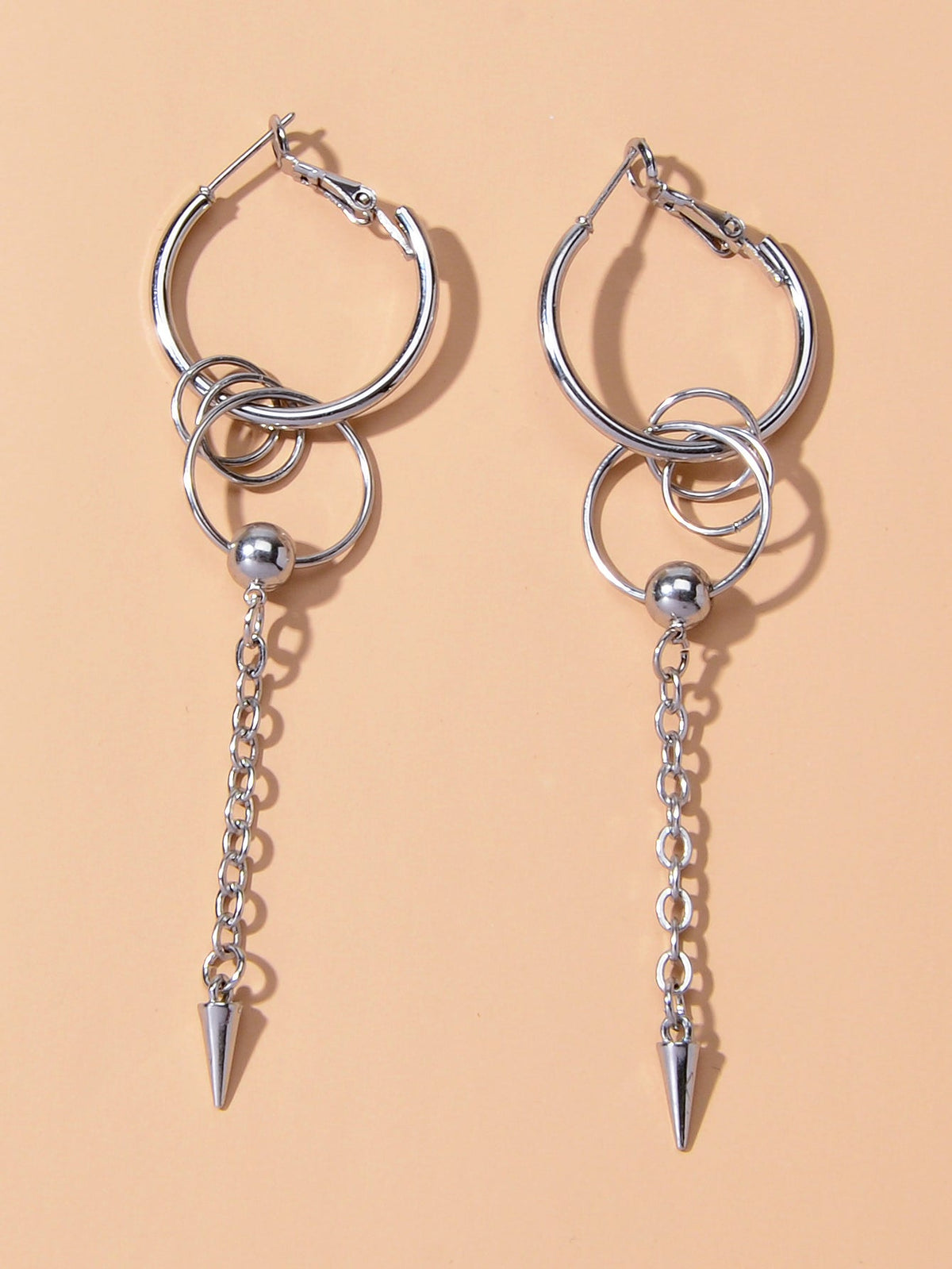 Punk Cool Cone Decor Drop Tassel Chain Hoop Spike Circle Huggie Rivet Earrings