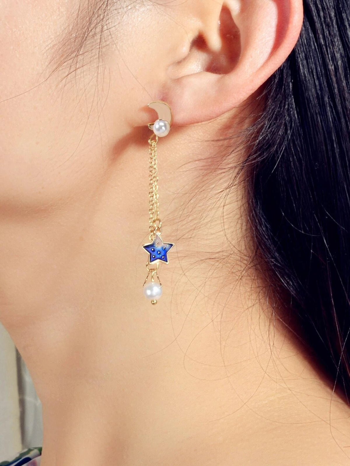 Asymmetric Pearl Star Planet Gold Chain Dangle Pierced Designer Jewelry Earrings
