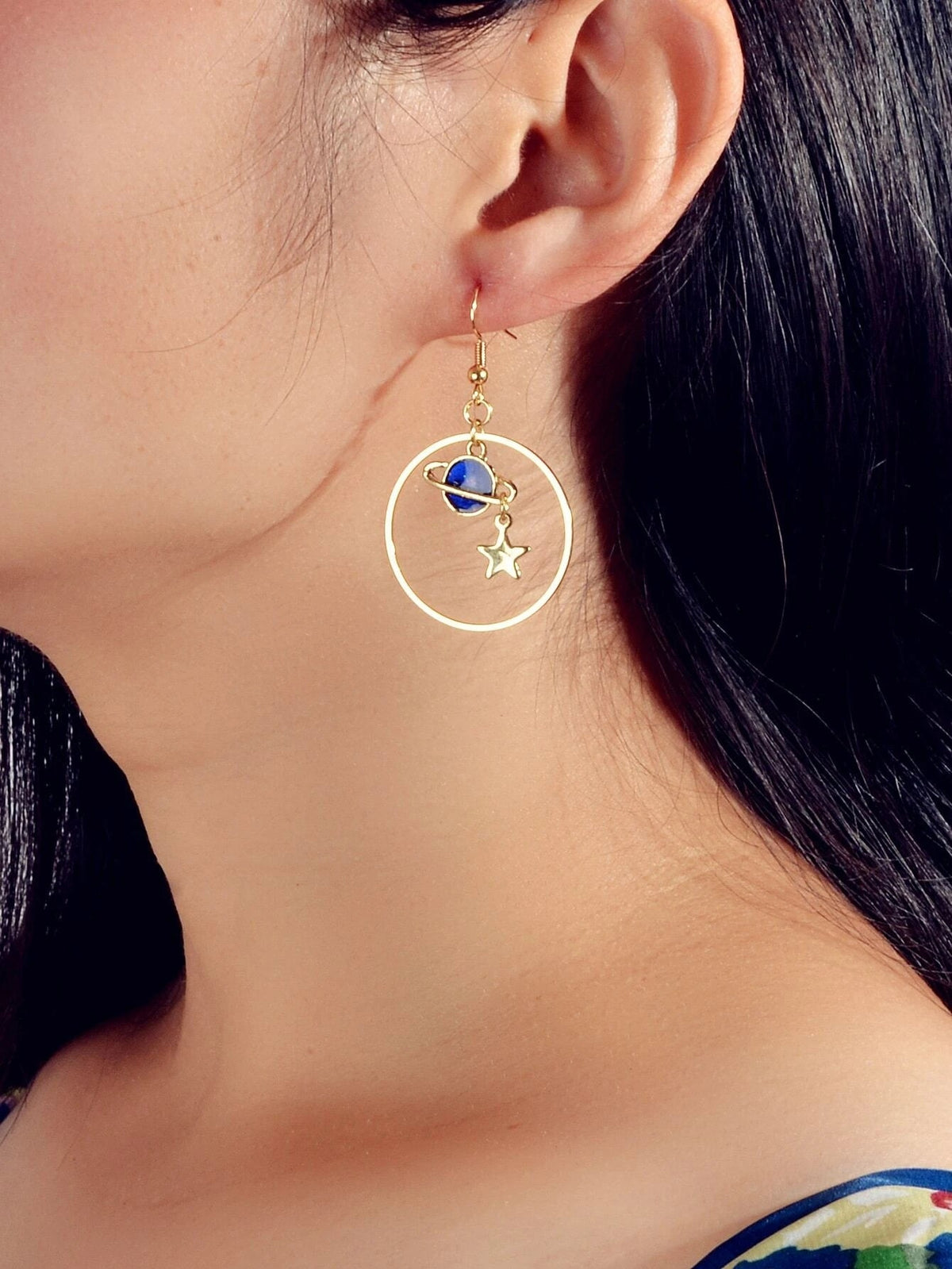 Star Moon Planet Globe Circle Asymmetric Dangle Women Teens Round Hoop Earrings