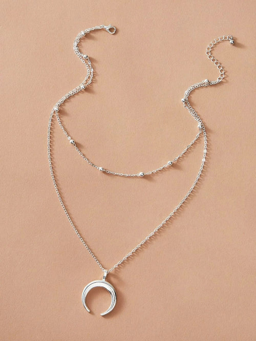 Double layer Silver Chain Moon Pendant Necklace Accessories Horn Collar Gift