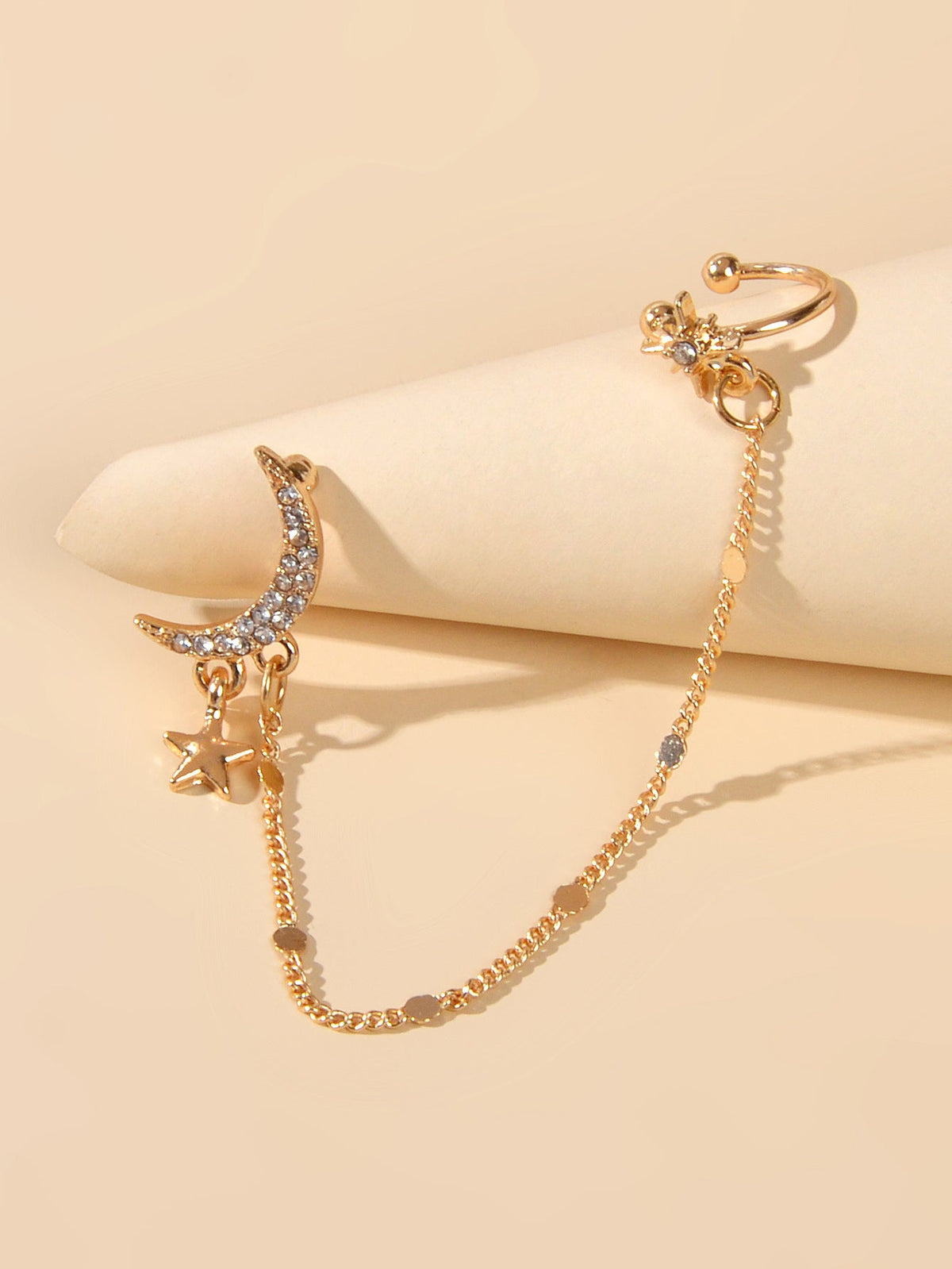 Star Moon Chain Stud Ear Cuff Wrap Clip On Crawler Climber Cartilage Earrings