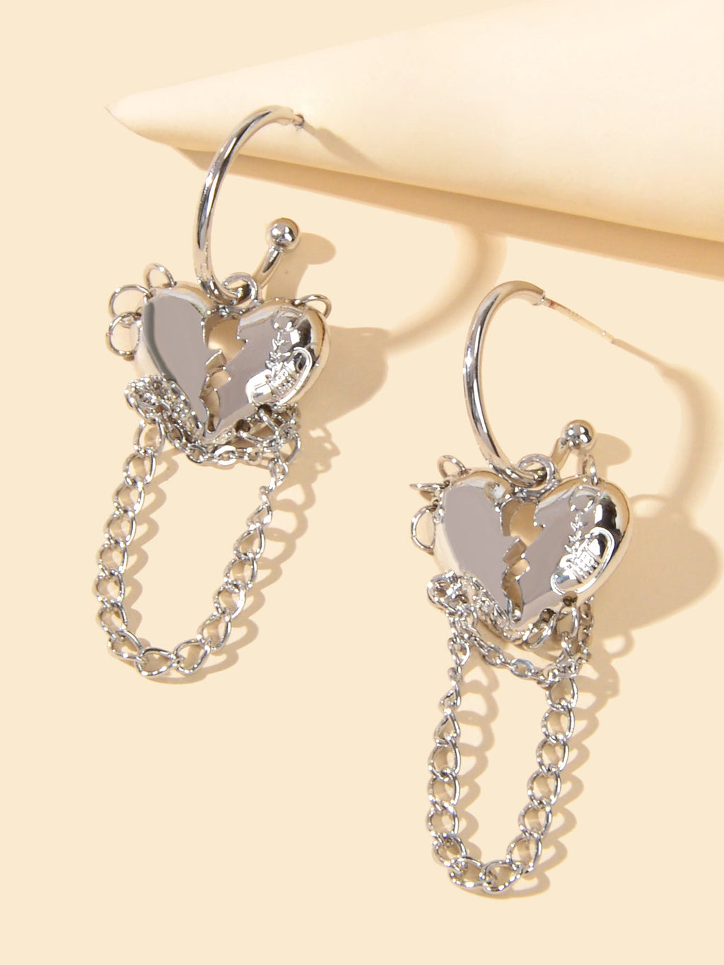Punk Statement Silver Layered Chain Heart Charm Designer Jewellery Hoop Earrings