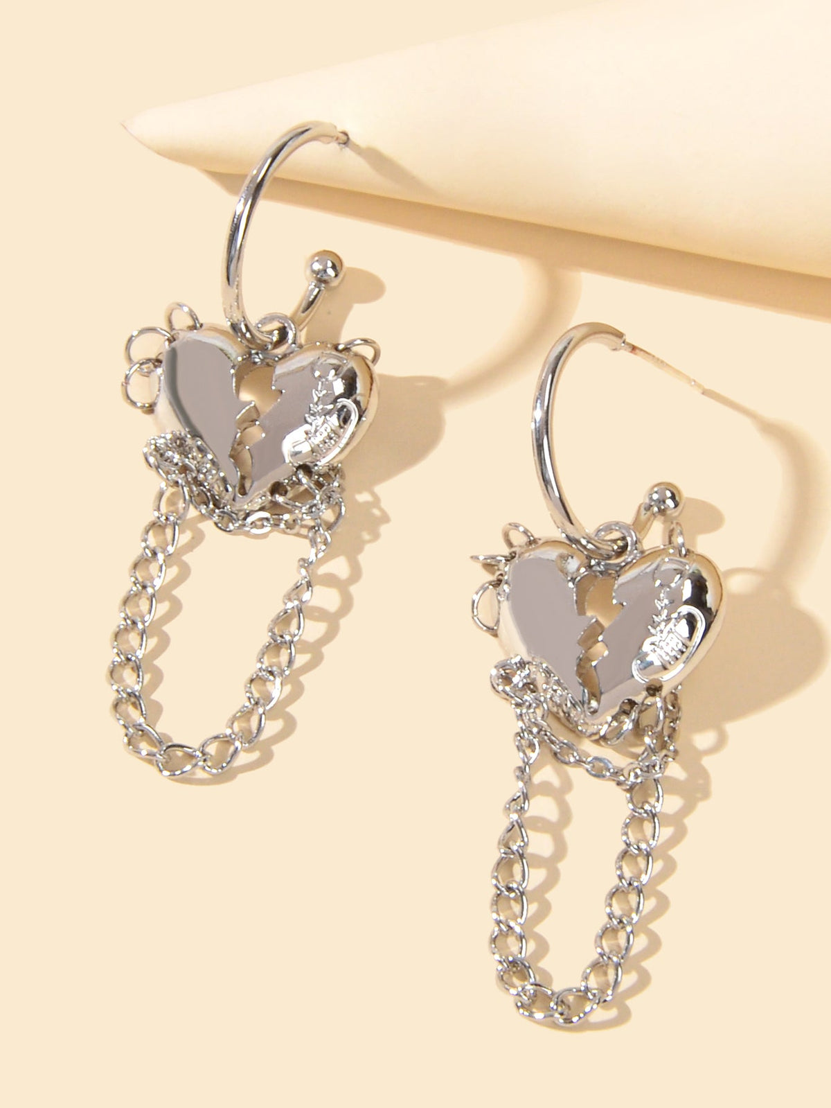 Punk Statement Silver Layered Chain Heart Charm Designer Jewellery Hoop Earrings