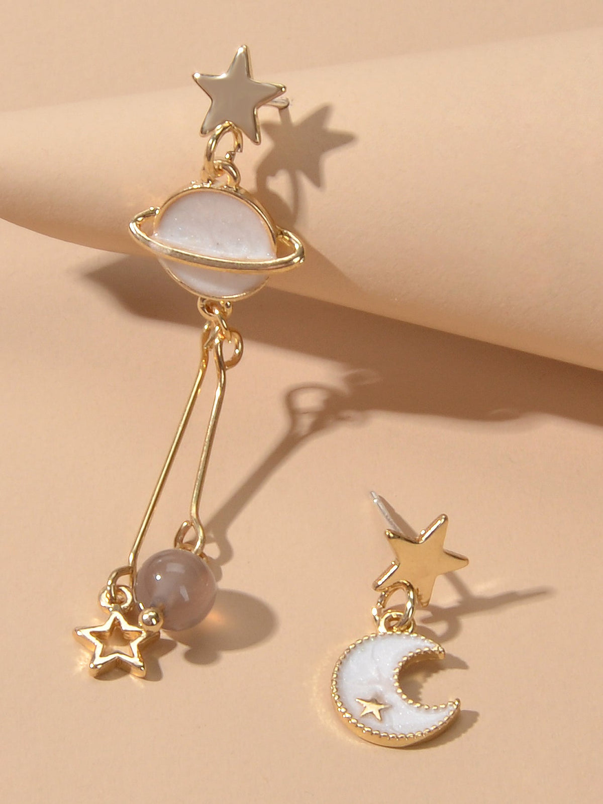 Stunning Gold Chain White Moon Planet Star Charm Stud Drop Asymmetric Earrings
