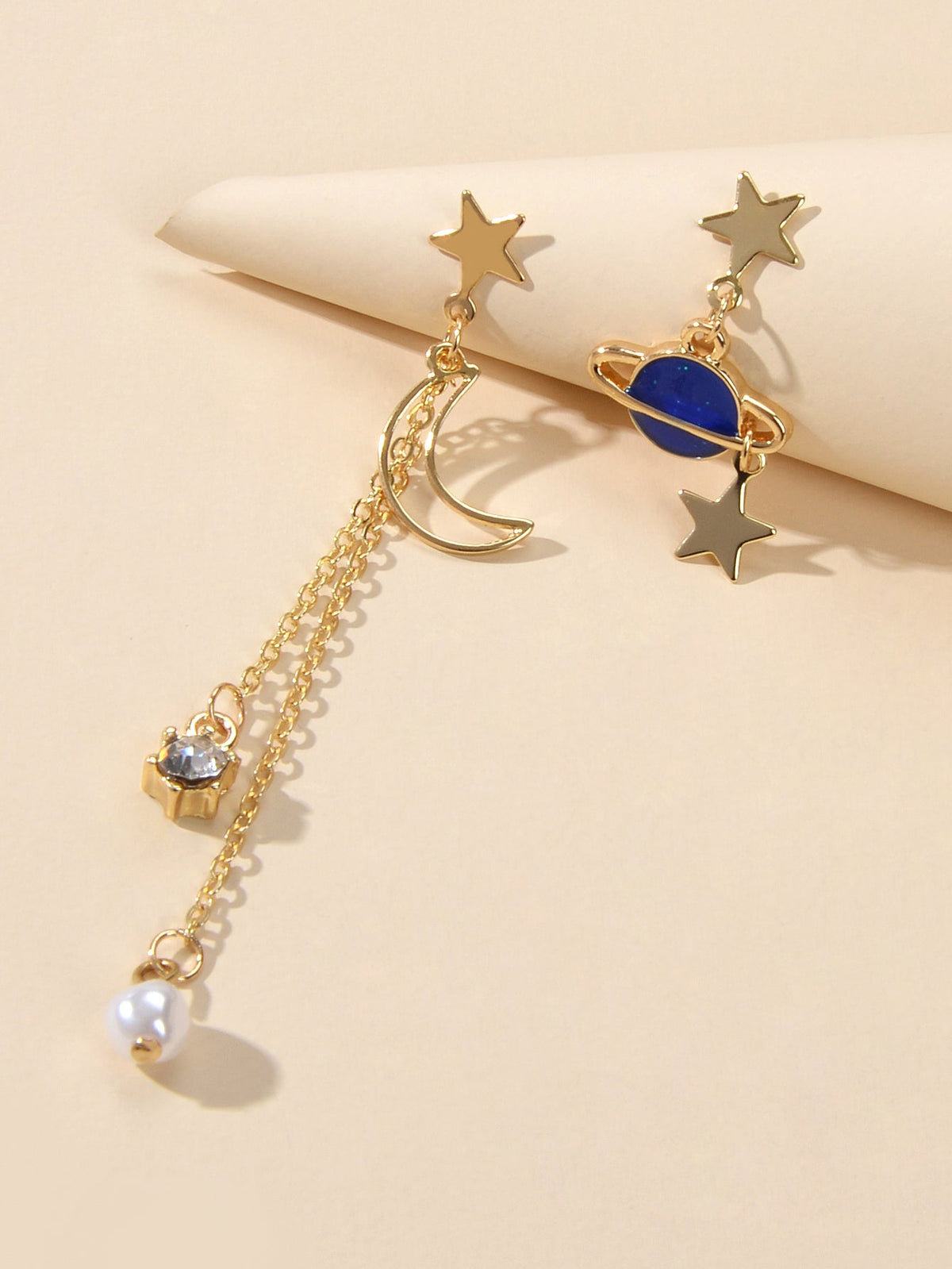 Asymmetric Pearl Rhinestone Decor Long Chain Star Moon Planet Dangle Earrings