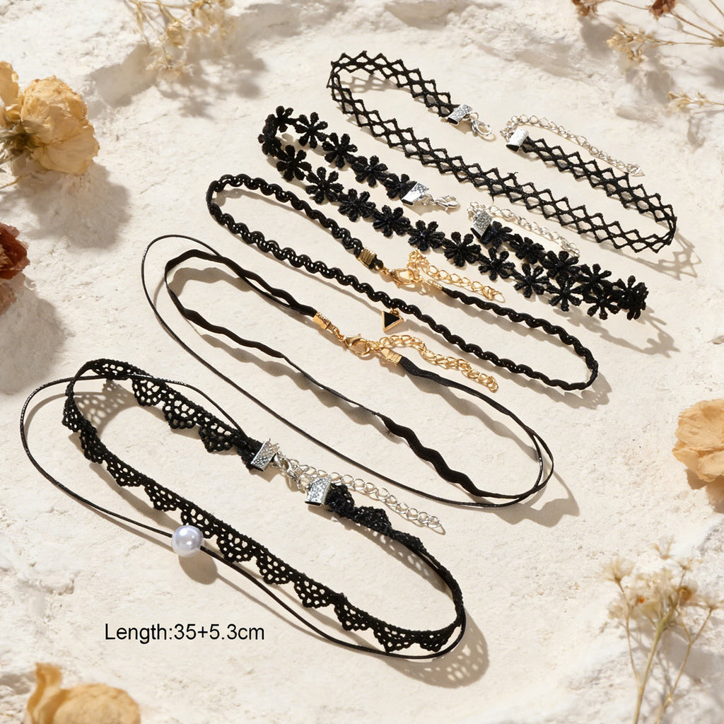 Black Elastic 5pcs Lace Flower Triangle Charm Boho Gothic 90s Tattoo Choker Gift