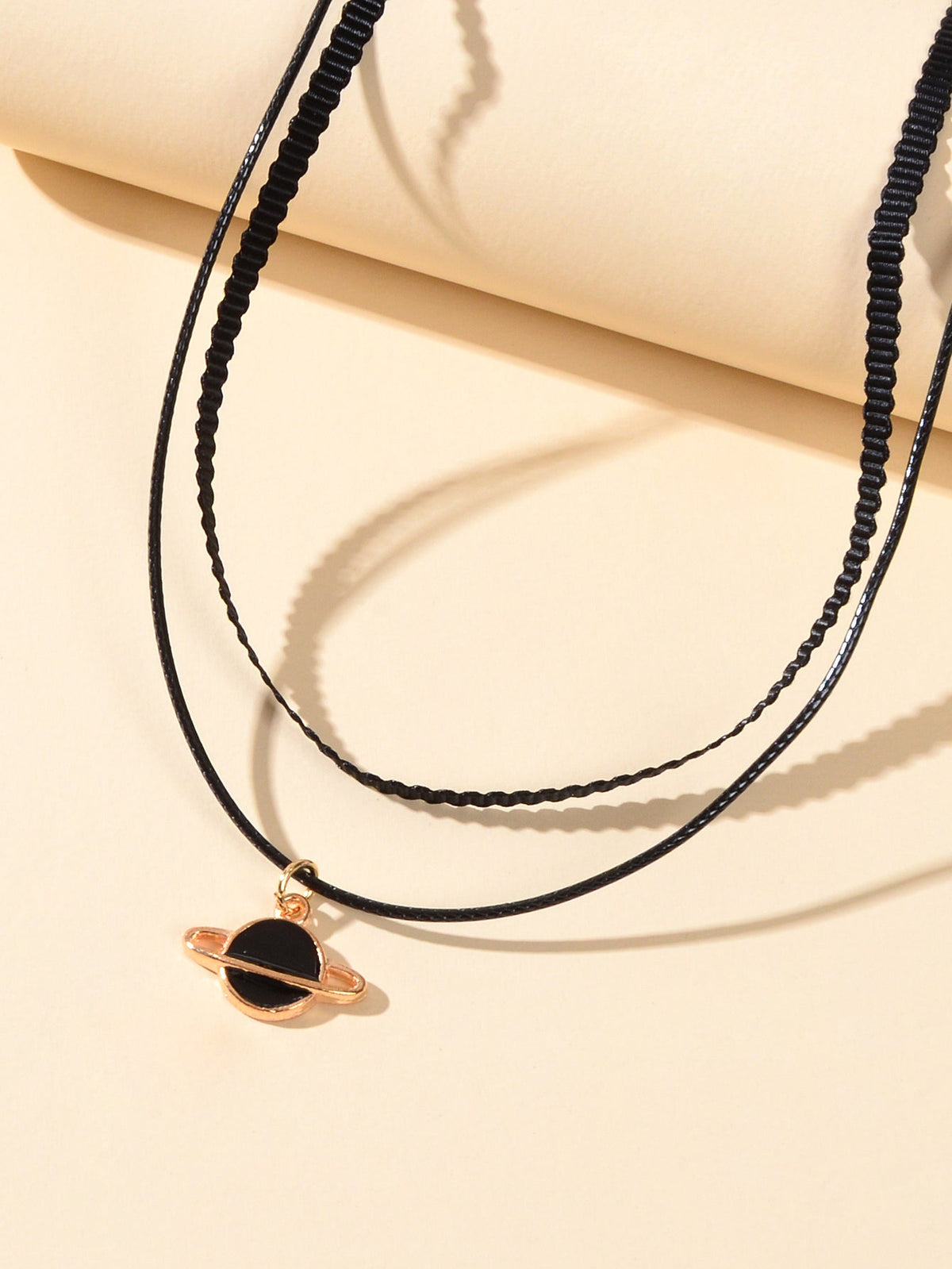 90s Gothic Planet Charm Black Rope Layered Necklace Tattoo Choker Grunge Collar