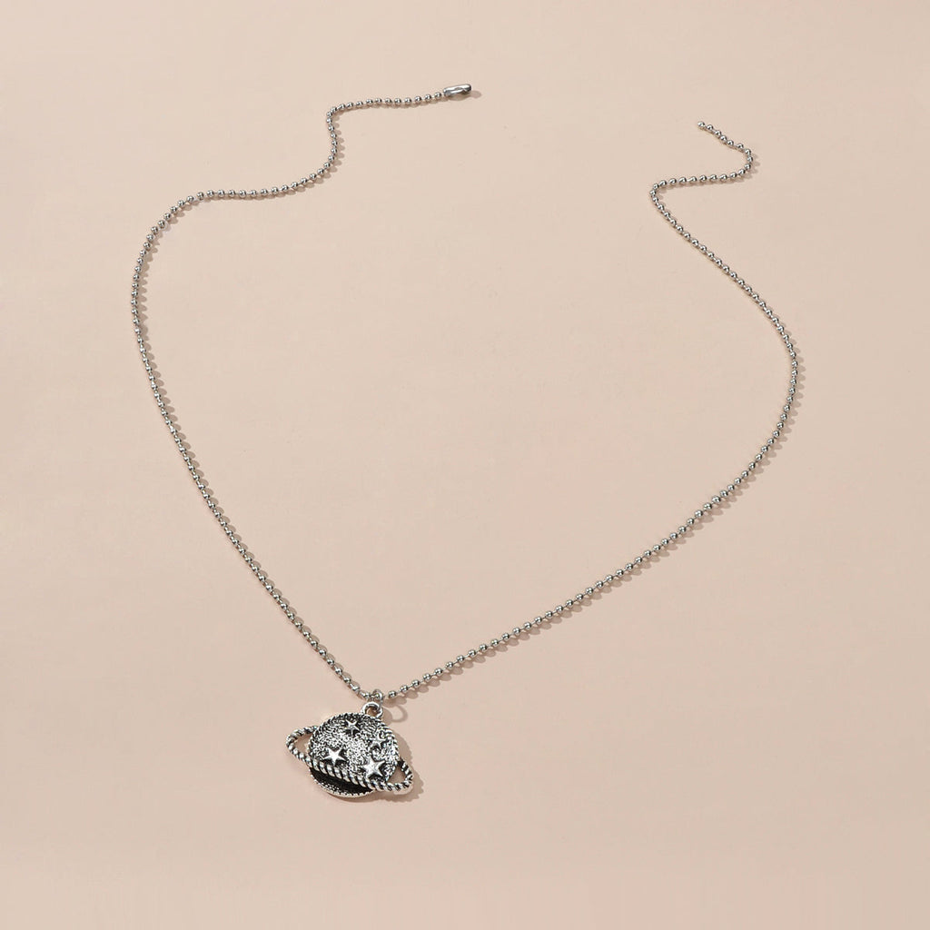Goth HipHop Style Antique Silver Popcorn Chain Star Planet Pendant Punk Necklace-2