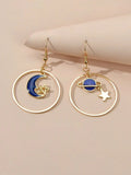 Star Moon Planet Globe Circle Asymmetric Dangle Women Teens Round Hoop Earrings
