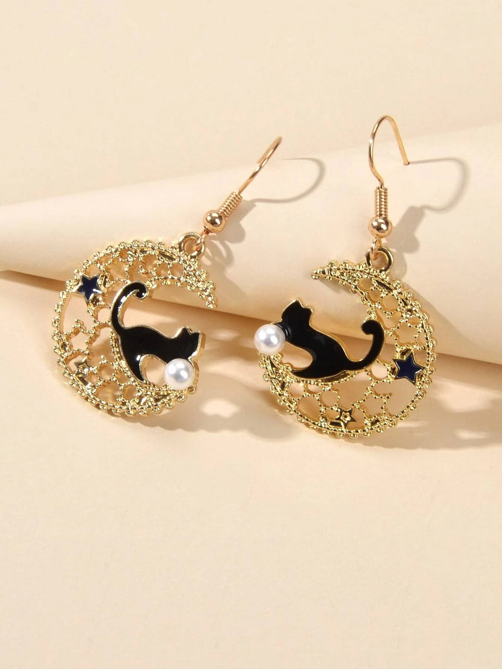 AU Stock Hollow out Lovely Black Enamel Cat Star Moon Drop Dangle Gold Earrings