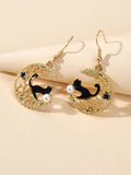 AU Stock Hollow out Lovely Black Enamel Cat Star Moon Drop Dangle Gold Earrings