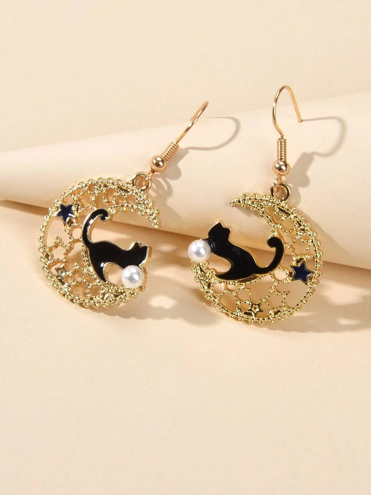 AU Stock Hollow out Lovely Black Enamel Cat Star Moon Drop Dangle Gold Earrings