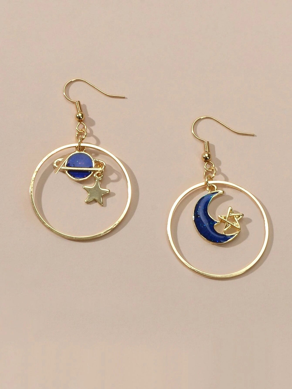 Star Moon Planet Globe Circle Asymmetric Dangle Women Teens Round Hoop Earrings