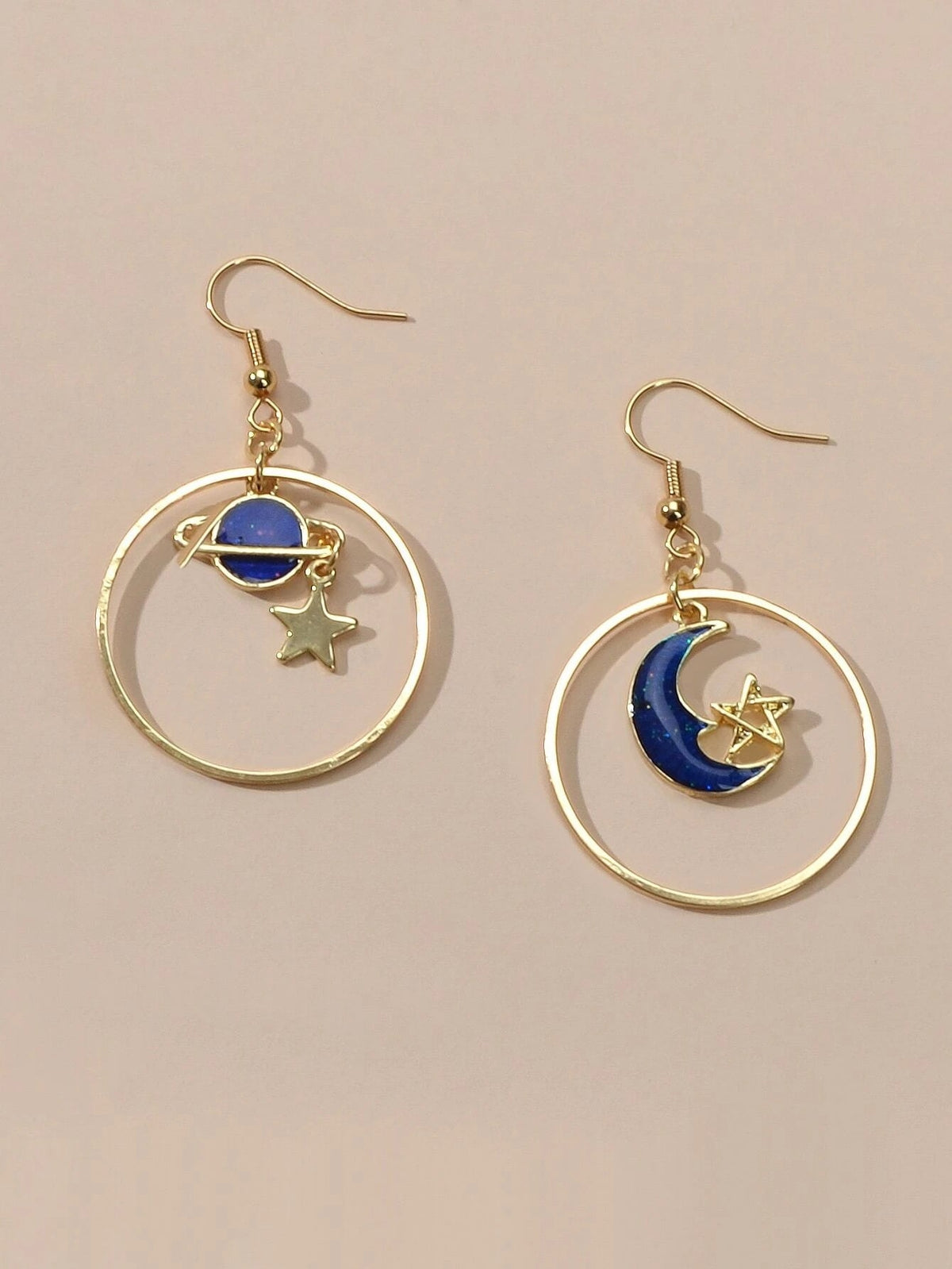 Star Moon Planet Globe Circle Asymmetric Dangle Women Teens Round Hoop Earrings
