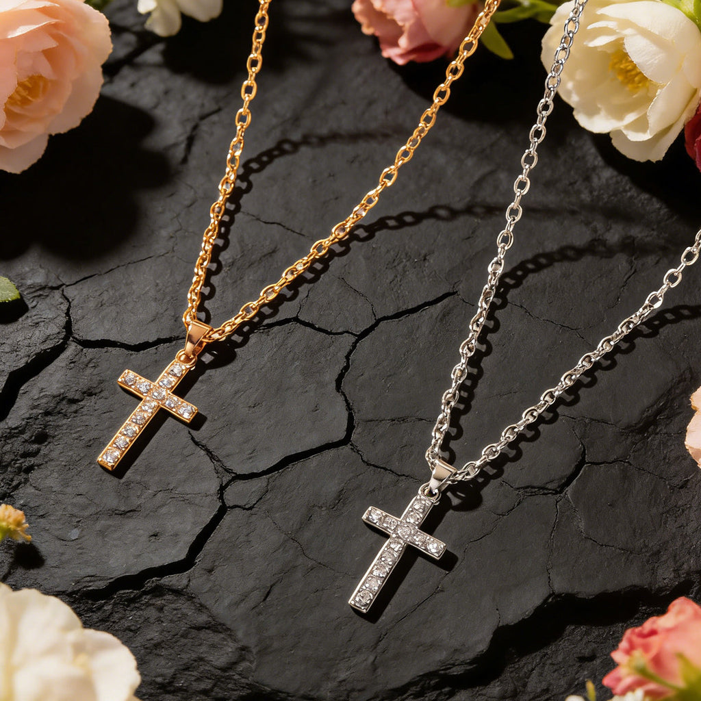2 pcs Gold Silver Chain Rhinestone Cross Matching Necklace Lovers Couples Gift