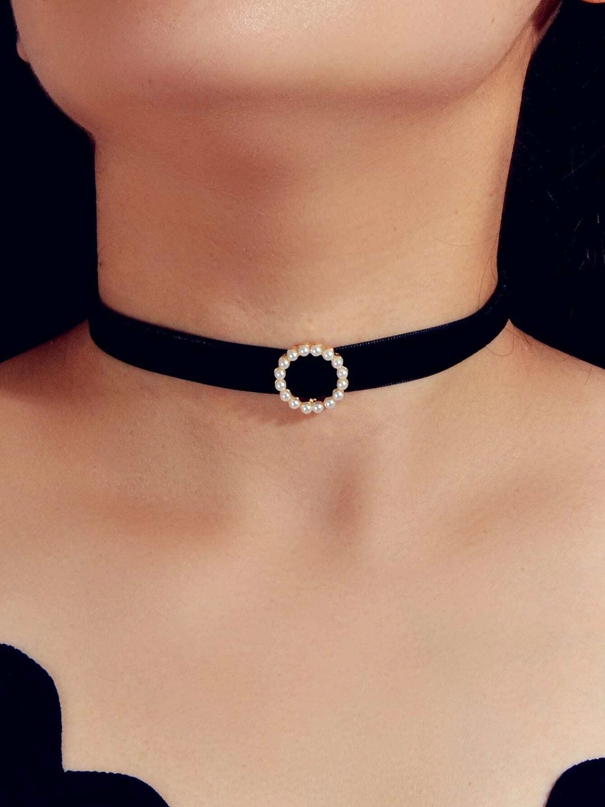 Retro Jewellery Pearl Decor Green Black Red Velvet Choker Necklace Accessories