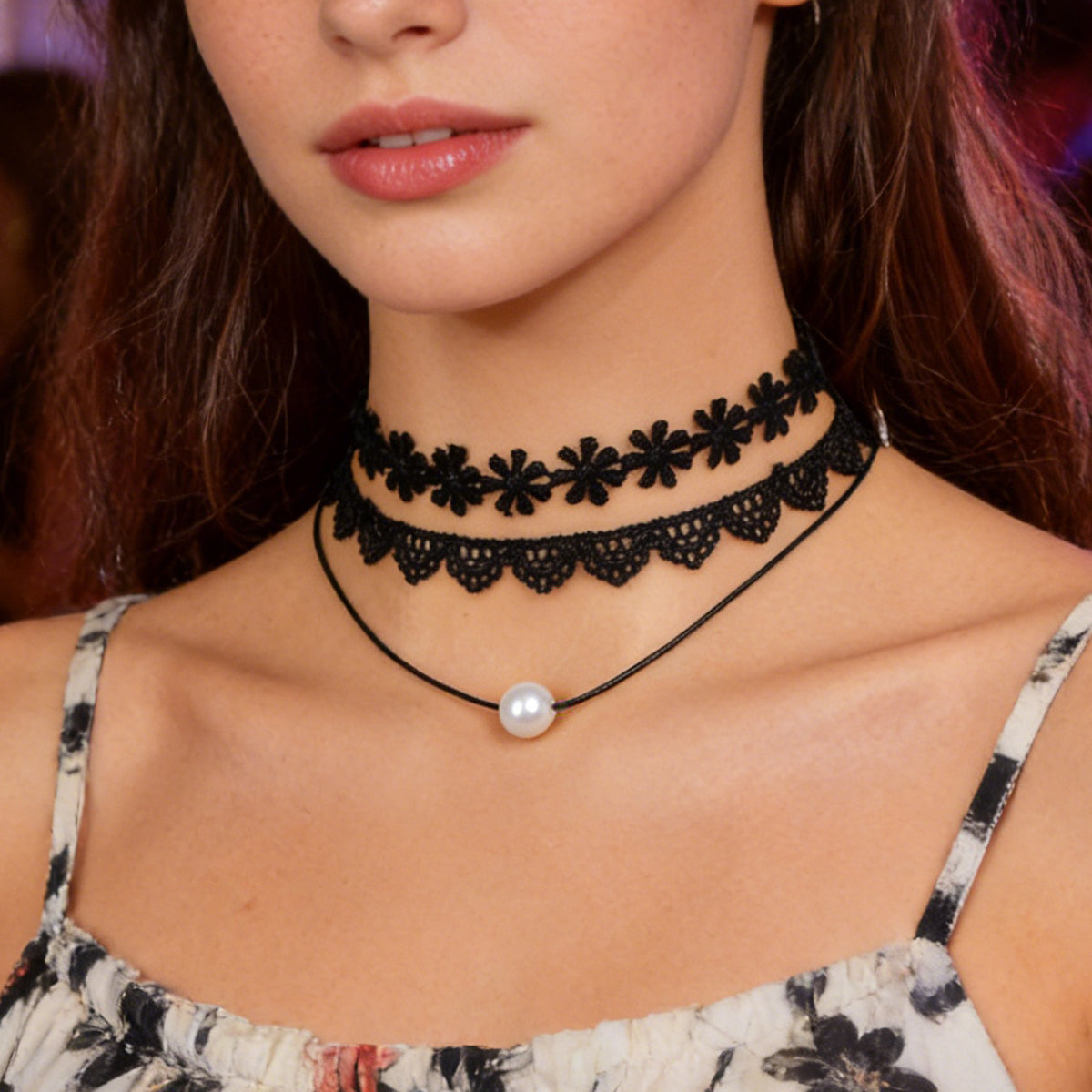Black Elastic 5pcs Lace Flower Triangle Charm Boho Gothic 90s Tattoo Choker Gift