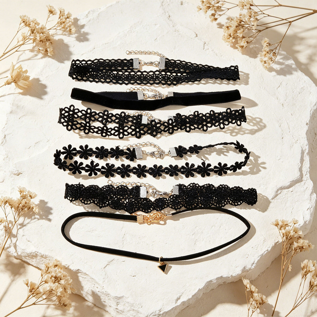 6 pcs Black Flower Velvet Choker Set Classic Gothic Tattoo 90s Collar Lace Jewel